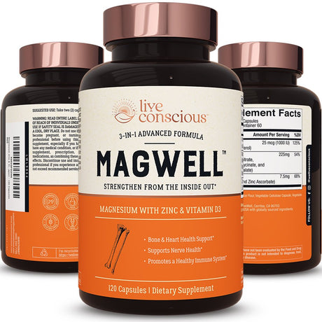 Live Conscious Magwell Magnesium Triple Complex W/ Glycinate Citrate, 120Ct