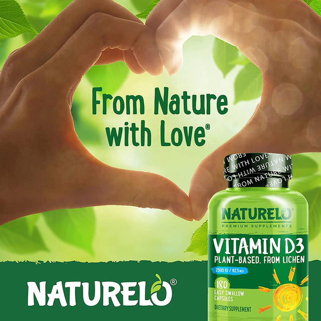 NATURELO Vitamin D3 - 2500 IU - Plant Based from Lichen - Natural Vegan D3 Supplement for Immune System, Bone Support, Joint Health - Non-Gmo - Gluten Free - 180 Mini Capsules