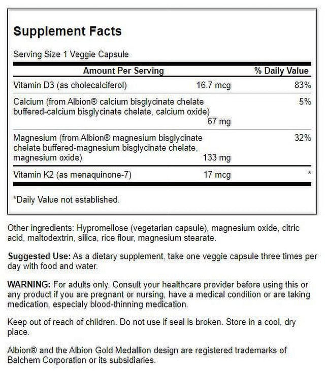 Swanson Albion Magnesium & Calcium with Vitamins D3 & K2 90 Veg Caps 2 Pack