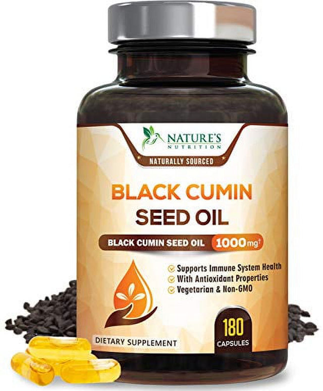 Black Seed Oil Capsules 1000Mg, Premium Cold Pressed Nigella Sativa Black Cumin Seed Oil, Vegan, Non-Gmo, Vegetarian, Extra Strength Blackseed Oil Softgel Supplement for Immune Support - 180