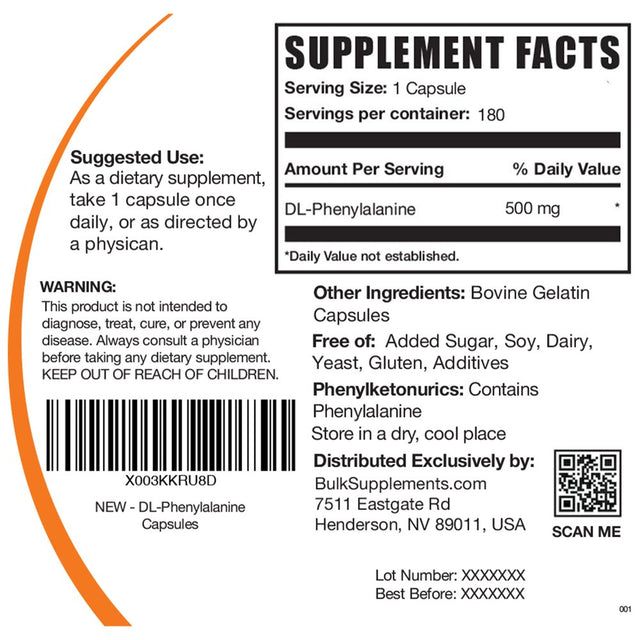 Bulksupplements.Com Dl-Phenylalanine Capsules, 500Mg - Brain, Liver, & Skin Support Supplements (180 Gel Caps - 180 Servings)