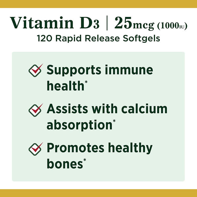 Nature'S Bounty Vitamin D3 1000 IU Softgels for Bone & Immune Support, 120 Ct