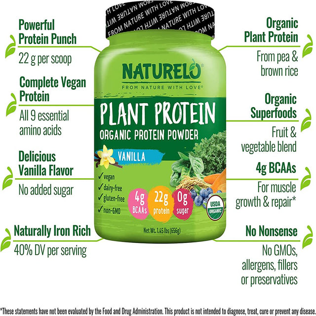 NATURELO Plant Protein Powder, Vanilla, 22G Protein - Vegan - 20 Servings