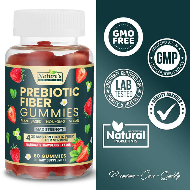 Nature'S Gummies Fiber Supplement - Max Strength 4G of Natural Soluble Prebiotic Fiber, Supports Digestive Health & Regularity, Non-Gmo, Chicory Gummy Supplements for Adults, Berry Flavor, 60 Gummies