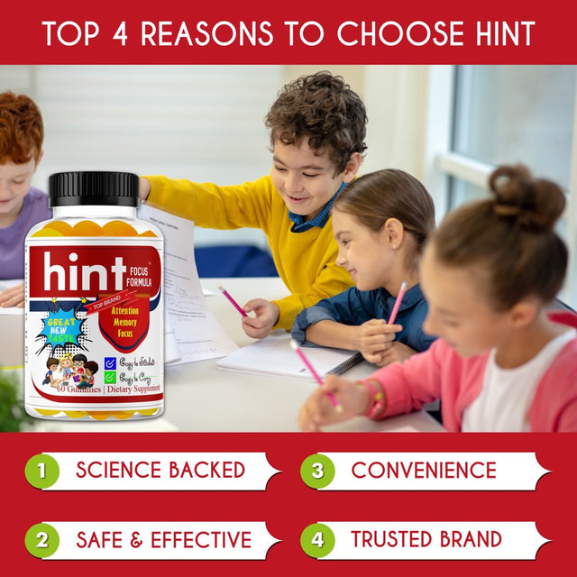 HINT Kids Brain Focus Gummies for Attention & Memory for Teens, Natural Vitamins with Omega DHA- 60 Ct