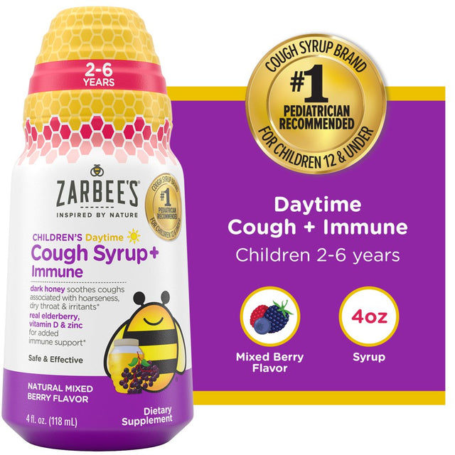 Zarbee’S Kids Cough + Immune Daytime for Ages 2-6 with Honey, Vitamin D & Zinc, Mixed Berry, 4FL Oz