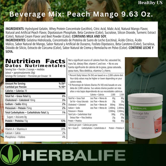 HERBALIFE Beverage Mix: Peach Mango 9.63 Oz.(273G) Protein-Based Snack for Energy and Nutrition, Helps Satisfy Hunger Cravings between Meals, 0 Sugar, Naturally Flavored