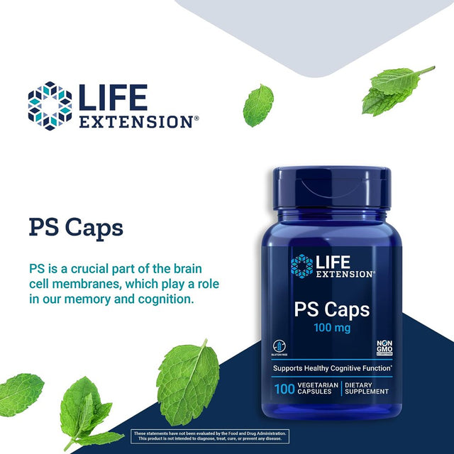 Life Extension PS Caps 100Mg - Phosphatidylserine Supplement for Brain Health - Healthy Cognitive Function, Memory, Focus, Concentration Support - Non-Gmo, Gluten-Free, Vegetarian - 100 Capsules