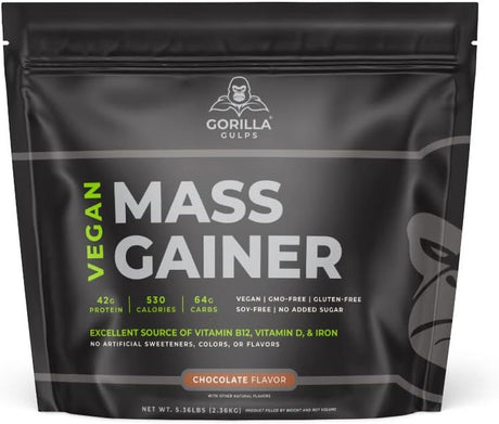 – Chocolate Vegan Mass Gainer – 5 Lb Natural High Calorie Protein Powder: GMO, Gluten, & Soy Free. No Artificial Ingredients – Vitamin B12 + D3, & Iron – 530 Calories – 18 Servings