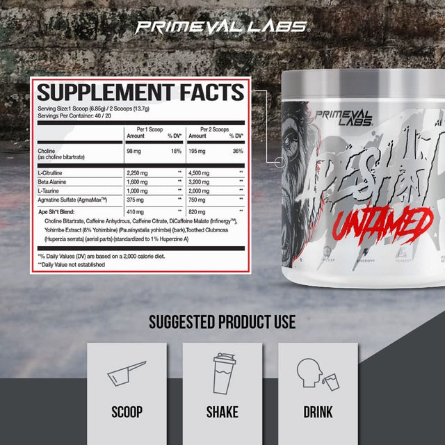 Ape Untamed Pre Workout Energy Drink Powder | Max Support for Pumps & Focus | Nitric Oxide Production, Preworkout Energy with L-Citrulline, Beta Alanine, Lemonade 40 Servings