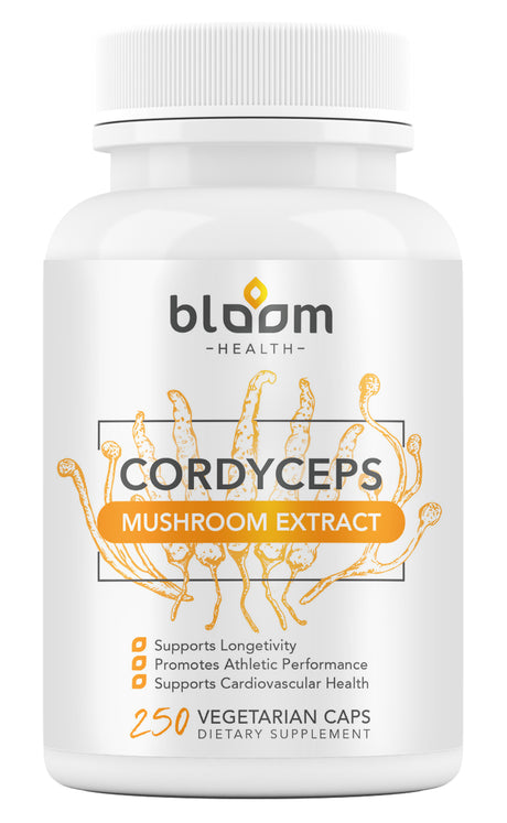 Bloom Health High-Power Cordyceps Mushroom 250 Veggie Capsules - Cordyceps Sinensis Mushroom Extract Energy Booster Supplement - 7% Polysaccharides with Alpha and Beta Glucans - Organic, Non-Gmo