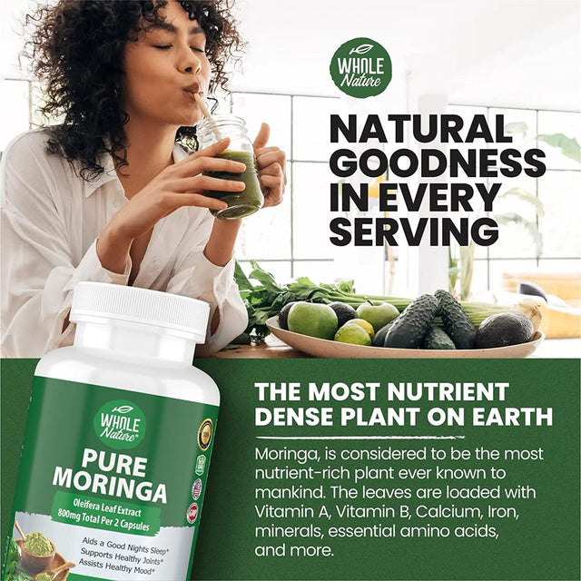 Moringa Capsules, 800Mg Organic Moringa Oleifera Leaves Powder Superfood Greens. Whole Nature'S Pure Moringa Pills Is a Vegan, Non-Gmo Energy Booster and Immune Support Supplement