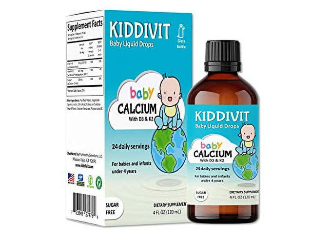 Kiddivit Baby Calcium Liquid Drops with Vitamin D3 & K2-24 Daily Servings, 4 Fl Oz (120 Ml) - Inulin Fortified (Prebiotic, Dietary Fiber) - Sugar Free, Gluten Free, Vegetarian Friendly