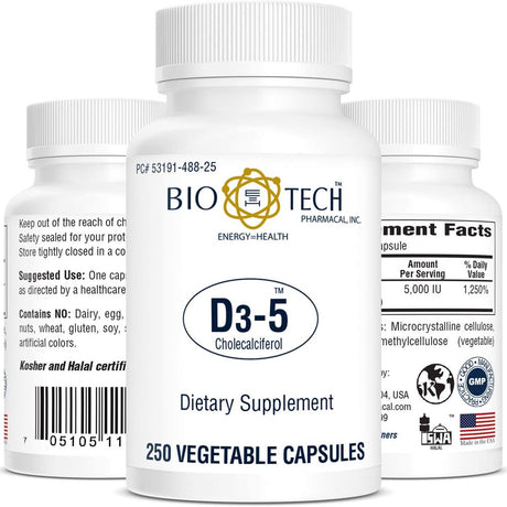 Bio-Tech Pharmacal D3-5 (5000 IU), 250 Vegetable Capsules – All-Natural Supplement – Supports Bone & Immune Health – No Dairy, Fish, Gluten, Peanut, Shellfish, & Soy