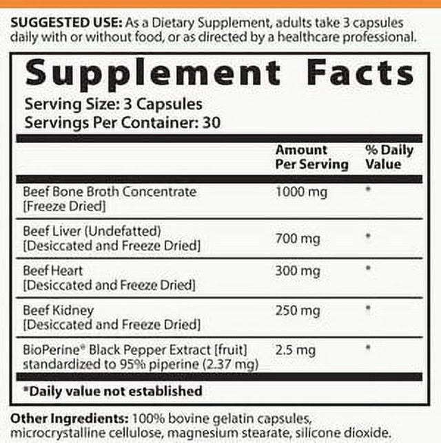 Saltwrap Organ Therapy - Grass Fed Beef Organ Meat Complex Supplement with Organic Bone Broth Concentrate (Desiccated Beef Liver, Heart, Kidney and Bone Broth Capsules with Bioperine)