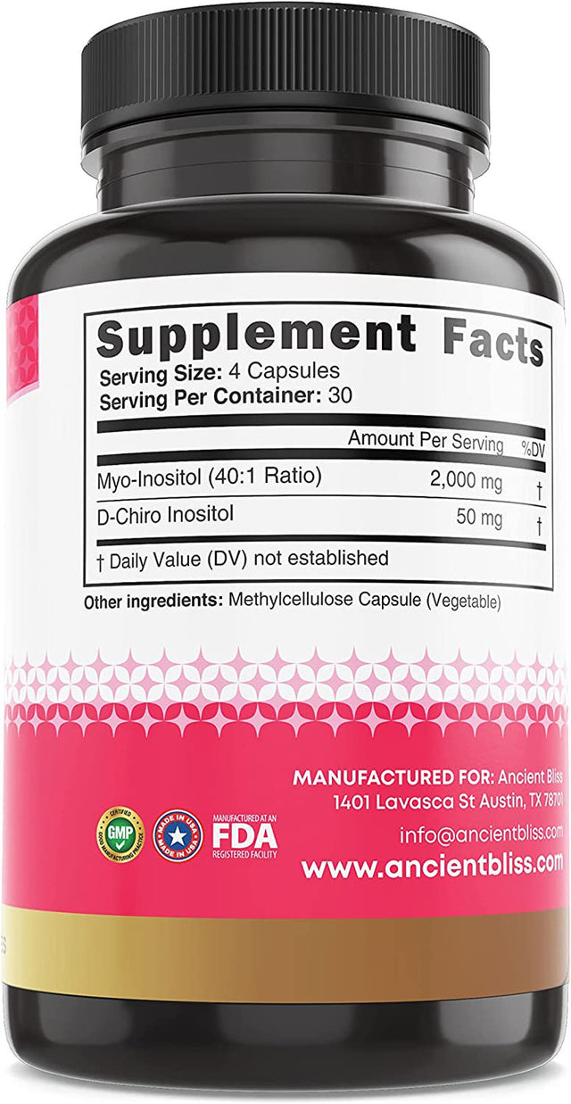 Ancient Bliss Myo & D-Chiro Inositol Supplement Pills, Helps in Ovarian Function Support for Women, Dispose of Sugar, 2050Mg per Serving, 120 Vegan Capsules