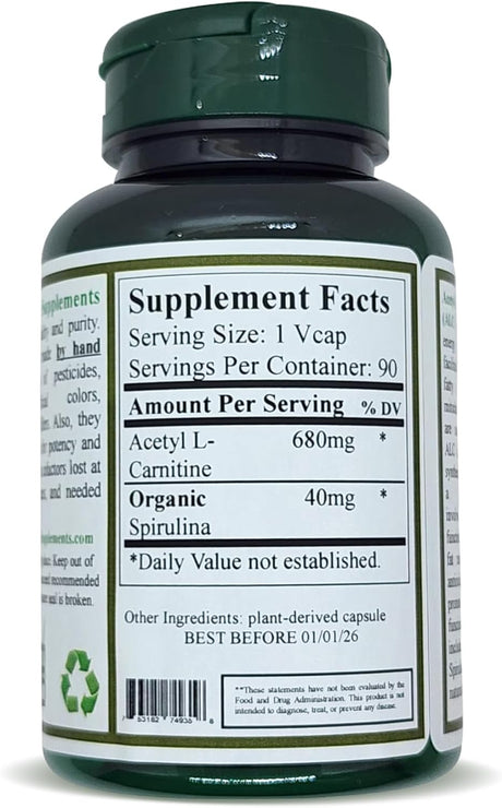 Acetyl L-Carnitine, Carnitine, ALC, 90 Vcaps, High Absorbable, Non-Gmo, Gluten-Free (Single)