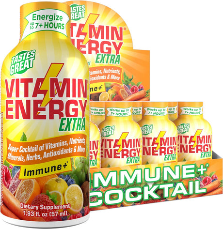 Vitamin Energy Extra Immune+ Energy Shots, Citrus Flavor, up to 7+ Hours of Energy, 1.93 Fl Oz, 24 Count