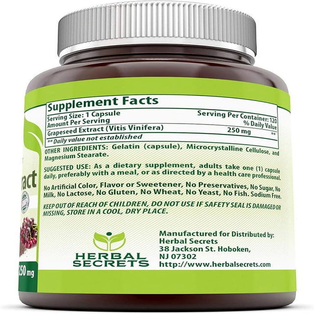 Herbal Secrets Grapeseed Extract 250 Mg per Serving 120 Capsules Supplement | 120 Servings | Non-Gmo | Gluten Free | Made in USA