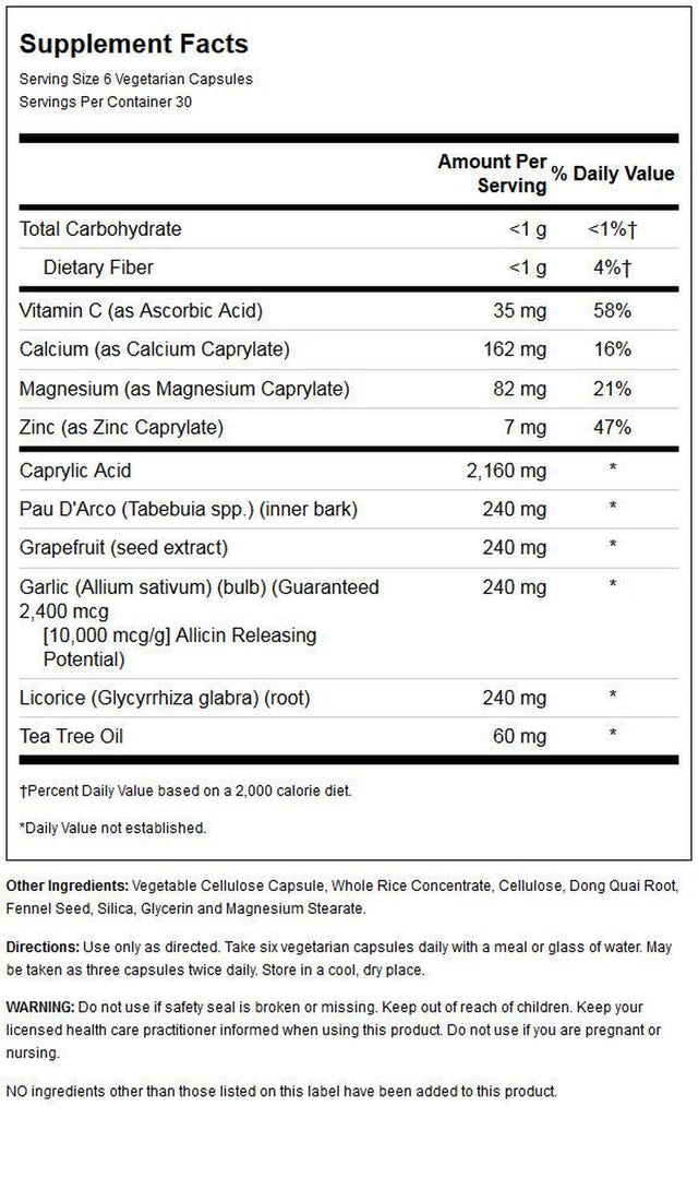 Solaray Yeast-Cleanse | with Caprylic Acid, Pau Darco, Grapefruit Seed Extract & Tea Tree Oil | Healthy Cleansing Support | 30 Servings | 180 Vegcaps