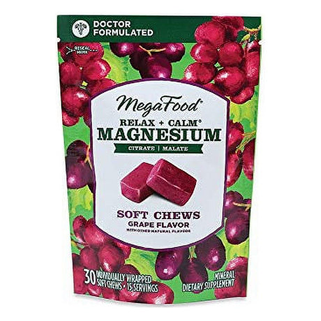 Megafood Relax + Calm Magnesium Soft Chews - Magnesium Supplement from Citrate and Malate - Gluten Free, Vegetarian & Made without Dairy & Soy - Grape Flavor - 30 Chews - Pack of 1 (15 Servings)