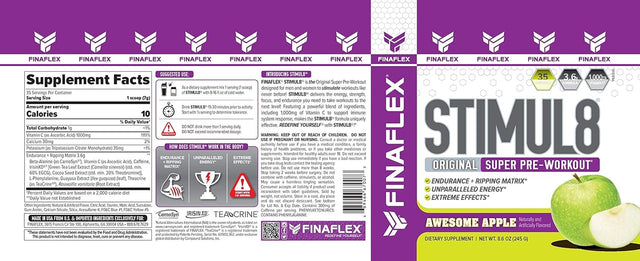 FINAFLEX STIMUL8 Original Super Pre-Workout, Awesome Apple - Energy, Strength & Endurance for Men & Women - with Caffeine, Beta-Alanine & Vitamin C - 35 Servings