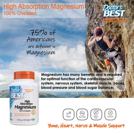 Doctor'S Best High Absorption Magnesium Glycinate Lysinate, 100% Chelated, Non-Gmo, Vegan, Gluten & Soy Free, 100 Mg, 240 Count