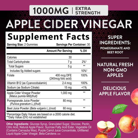 Nature'S Nutrition Apple Vinegar Gummy for Weight Loss 1000Mg - Vegan Apple Cider Vinegar Gummies for Detox & Cleanse, ACV Supplement Pills, Vitamin B12, Beetroot & Pomegranate, Non-Gmo - 60 Gummies