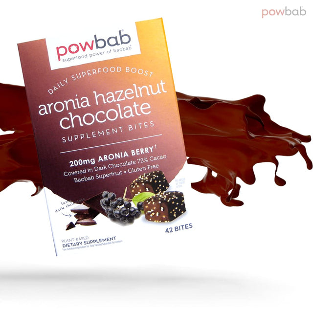 Powbab Aronia Hazelnut Chocolate Bites - Organic Aronia Berry. 33% Less Sugar. Organic Dark Chocolate 72% Cacao Fair Trade. Immune Support Vitamin C Baobab. Gluten Free Cookies (42 Count)