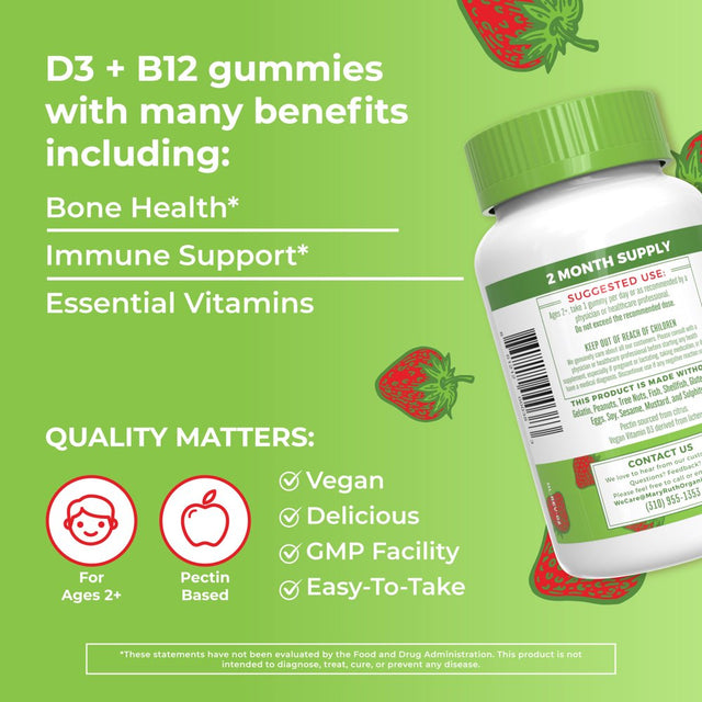 Maryruth Organics | Vitamin D3 + Vitamin B12 for Adults & Kids | Bone Health & Energy Boost | Strawberry Flavor | Vegan, Non-Gmo | 60 Servings