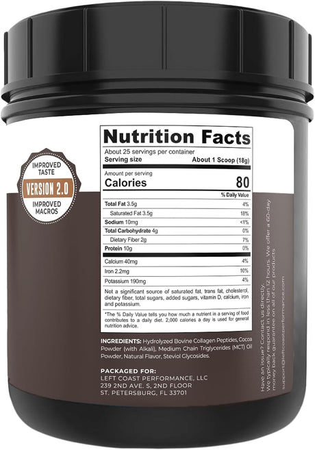 Left Coast Performance Keto Collagen Protein Powder Chocolate, 10G Grass-Fed Collagen, 5G MCT Powder, 1Lb, 25 Servings, No Carb Protein Powder, Low Carb Meal Replacement Shakes, Ketogenic Shake Mix