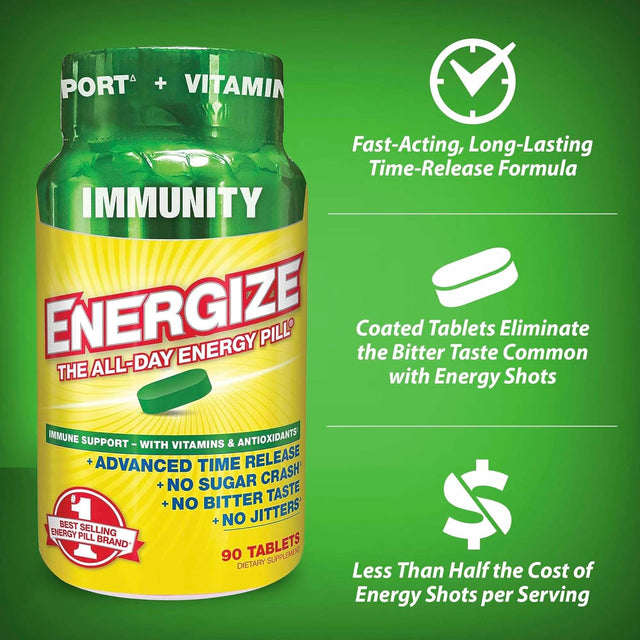 Energize Immunity Caffeine Pills, Energy & Immune Support, Fast Acting, Long-Lasting with Time Release Caffeine, Nootropics, Vitamins, Super Greens & Bcaas, No Jitters, No Crash (90 Tablets)