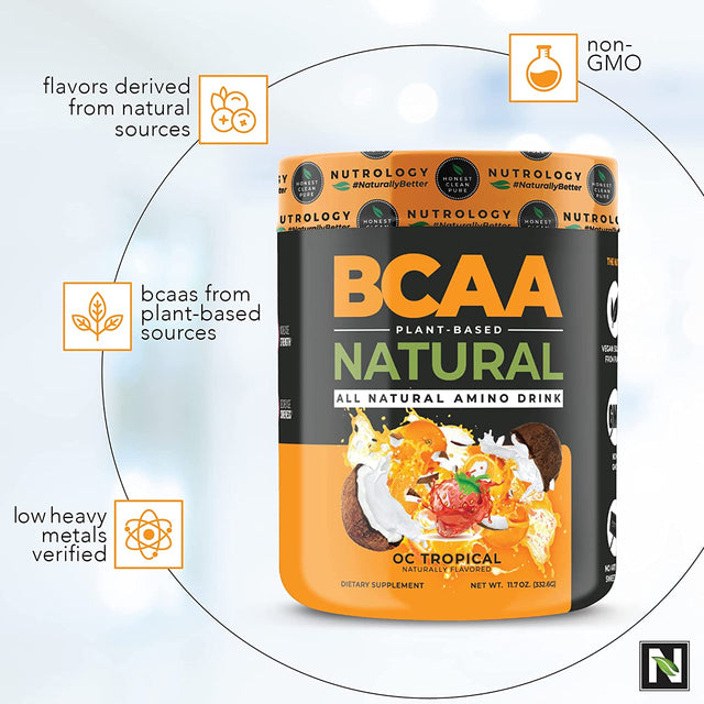 BCAA Natural Powder - Non-Gmo, Plant Sourced Amino Acid Drink Mix, Improve Performance, Enhance Recovery - Boost Immune Health, No Artificial Colors, Gluten Free - Tropical - (30 Servings)