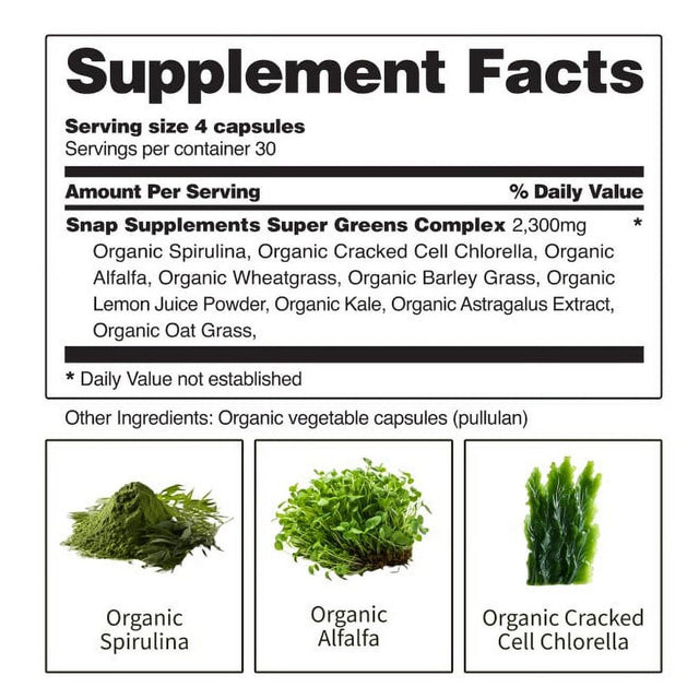 Snap Supplements Spirulina & Chlorella - Organic Heart Support & Natural Energy, 120 Capsules