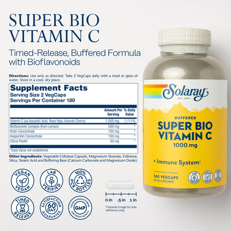 Solaray Super Bio C Buffered Vitamin C W/ Bioflavonoids | Timed-Release Formula for All-Day Immune Support | Gentle Digestion | 1000Mg | 360 Ct.