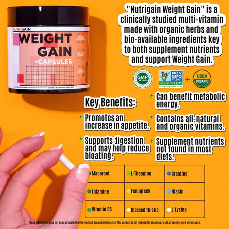 Nutrigain Weight Gain Capsules Designed for Quick and Efficient Weight Gain, Supports a Healthy Appetite, Mass and Metabolism for Both Women and Men - 6 OZ Jar