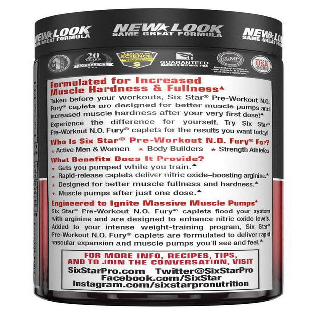 Six Star Pro Nutrition Elite Series Pre Workout N.O. Fury, Nitric Oxide Booster, 60 Caplets