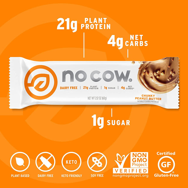 No Cow High Protein Bars, Chunky Peanut Butter, 21G Plant Based Vegan Protein, Keto Friendly, Low Sugar, Low Carb, Low Calorie, Gluten Free, Naturally Sweetened, Dairy Free, Non GMO, Kosher, 12 Pack