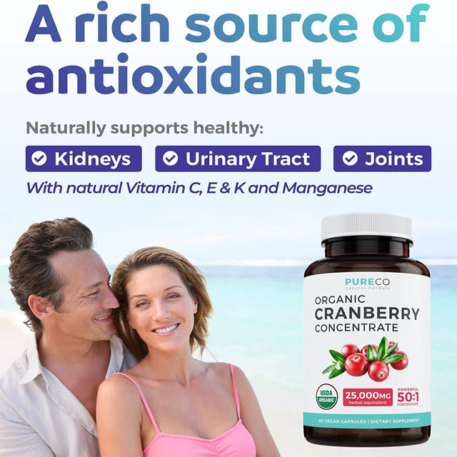 Pure Co Organic Cranberry Pills (50:1 Concentrate) - 500Mg Is Equivalent to 25,000Mg Fresh Cranberries - for Kidney Cleanse & UTI Support Vitamins - Fruit Extract Supplement, 60 Capsules