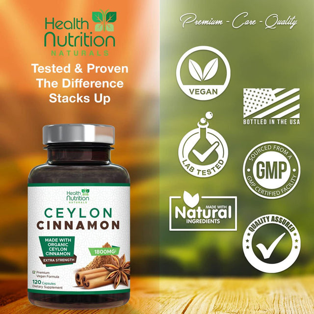 Pure Ceylon Cinnamon Capsules - Certified Organic Cinnamon Pills, Non-Gmo, Dairy & Gluten Free, Sri Lanka Cinnamon Supplements, Vegan True Cinnamomum Vitamins, Sugar Free, 120 Count Cinnamon Capsules