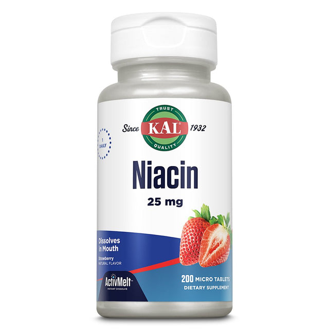 KAL Niacin 25 Mg Activmelt | Strawberry | One Daily | Healthy Metabolism, Skin, Nerve Support & More | 200 Micro Tablets