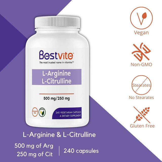 BESTVITE L-Arginine L-Citrulline 500Mg / 250Mg Vegan (240 Vegetarian Capsules) - No Stearates - No Dicalcium Phosphate - Non GMO - Gluten Free