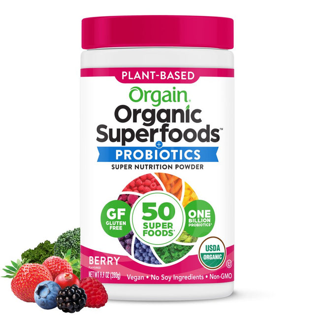 Orgain Vegan Organic Greens & 50 Superfoods Powder- 1B Probiotics, Berry Flavor 0.62Lb