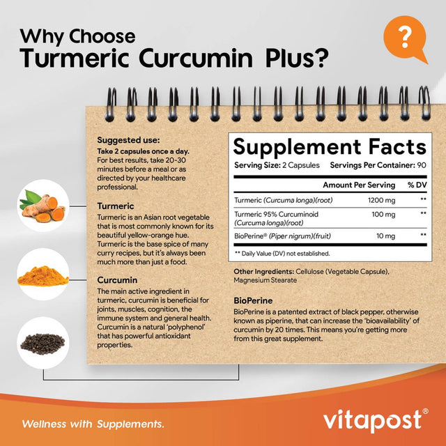 Vitapost Turmeric Curcumin plus Supplement for Joint, Muscle, Immune System Support - 180 Capsules