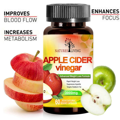 Natures Living Apple Cider Vinegar 3000Mg 120 Pills Herbal Organic Supplements (Pack of 2)