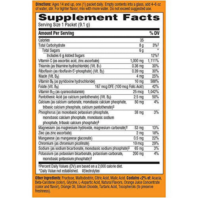 Emergen-C Vitamin C 1000Mg Powder (10 Count, Super Orange Flavor), with Antioxidants, B Vitamins and Electrolytes, Dietary Supplement Fizzy Drink Mix, Caffeine Free