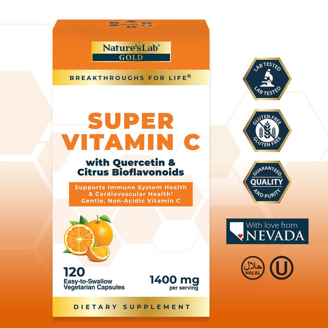 Nature’S Lab Gold Super Vitamin C 1000Mg – 120 Capsules (2 Month Supply) - Immune System Support – Contains Bioflavonoids Complex & Quercetin – Non-Acidic, Non-Gmo, Gluten Free, Vegan