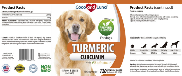 Coco and Luna Turmeric Anti-Inflammatory for Dogs - 120 Chewable Tablets