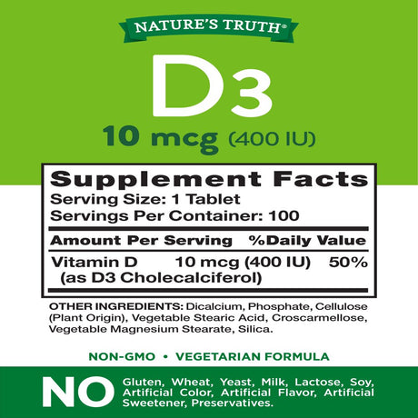 Vitamin D3 400 Iu (10 Mcg) | 100 Tablets | Vegetarian, Non-Gmo, Gluten Free | by Nature'S Truth