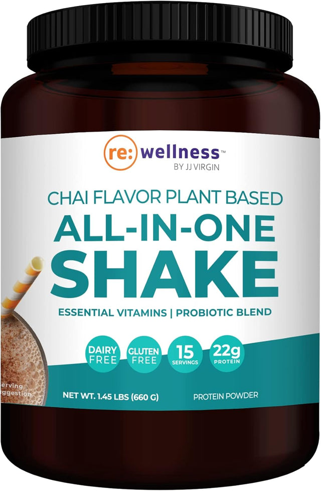 By JJ Virgin Chai Plant Based All in 1 Shake - Chia, Chlorella, Pea Protein Powder - Contains Essential Vitamins & Probiotic Blend to Support Immunity + Gut Health (15 Servings)